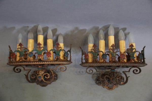 Pair Of Rare Stately Spanish Revival 1920's Sconces With Polychrome Finish