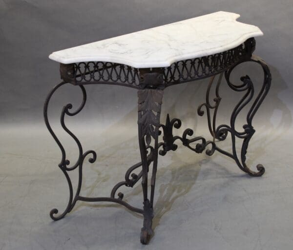 17773. 1 of 2 Vintage Wrought Iron Table With Marble Top - Image 3