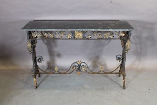 39877. Spanish Revival Iron And Brass Console With Marble Top - Image 2