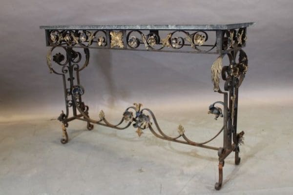 39877. Spanish Revival Iron And Brass Console With Marble Top - Image 4