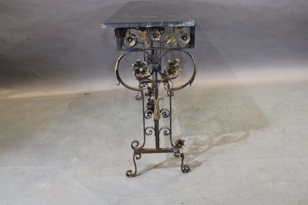 39877. Spanish Revival Iron And Brass Console With Marble Top - Image 3