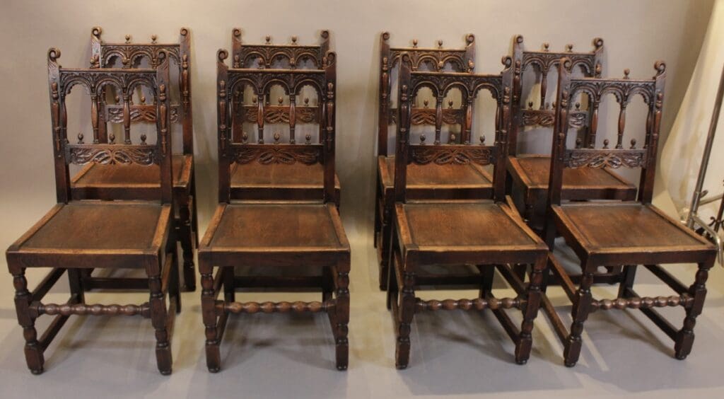Set of eight carved wooden antique chairs