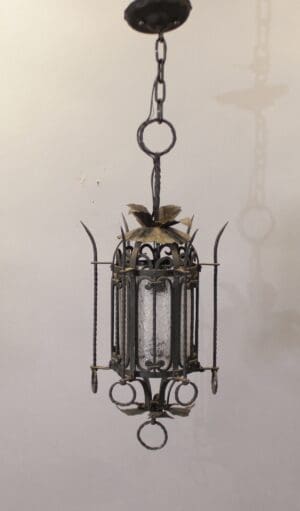 47883. Spanish Revival Gothic Wrought Iron Pendant With Antique Glass