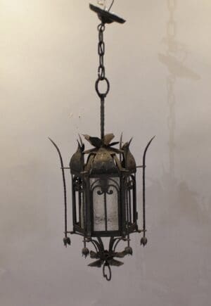 Spanish Revival Gothic Wrought Iron Pendant With Textured Glass