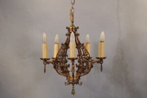 1920's Brass Cast Chandelier With Polychrome Finish