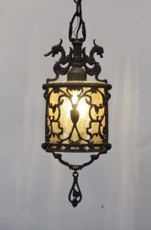 Spanish Revival 1920's Pendant With Amber Crackle Glass