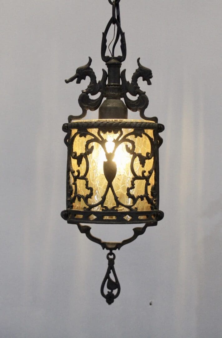 Spanish Revival 1920's Pendant With Amber Crackle Glass